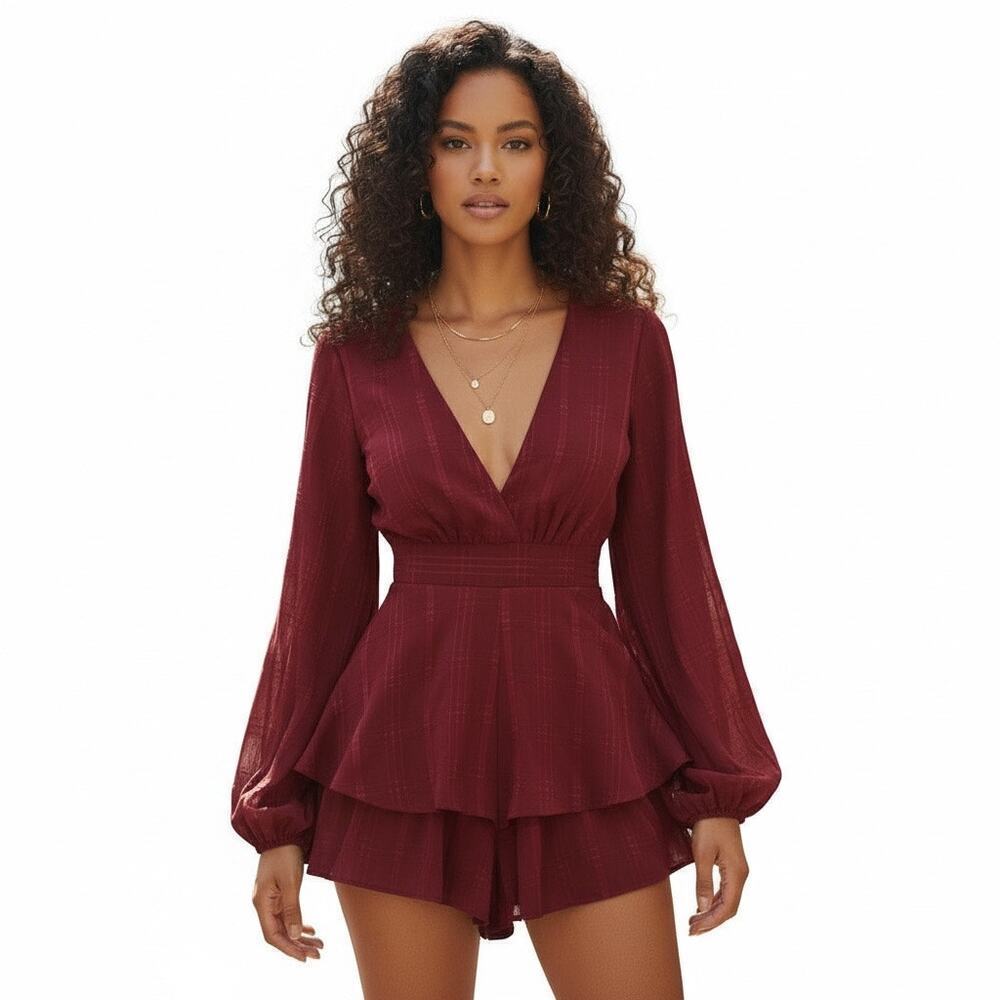 Princess Polly Burgundy Romper Long Puff Sleeves Ruffle Bottom 6 Sexy Holiday